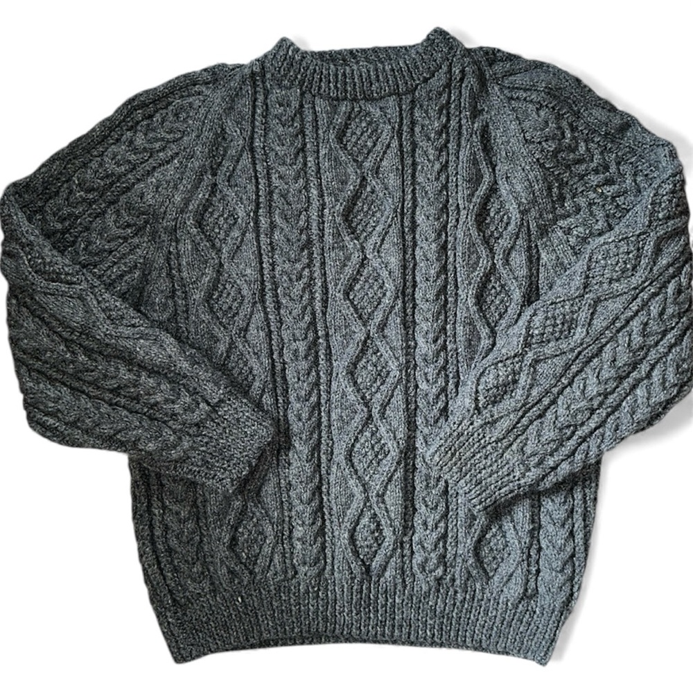 Home Knit Heathered Grey Thick Cable Wool Fisherman Men's Sweater